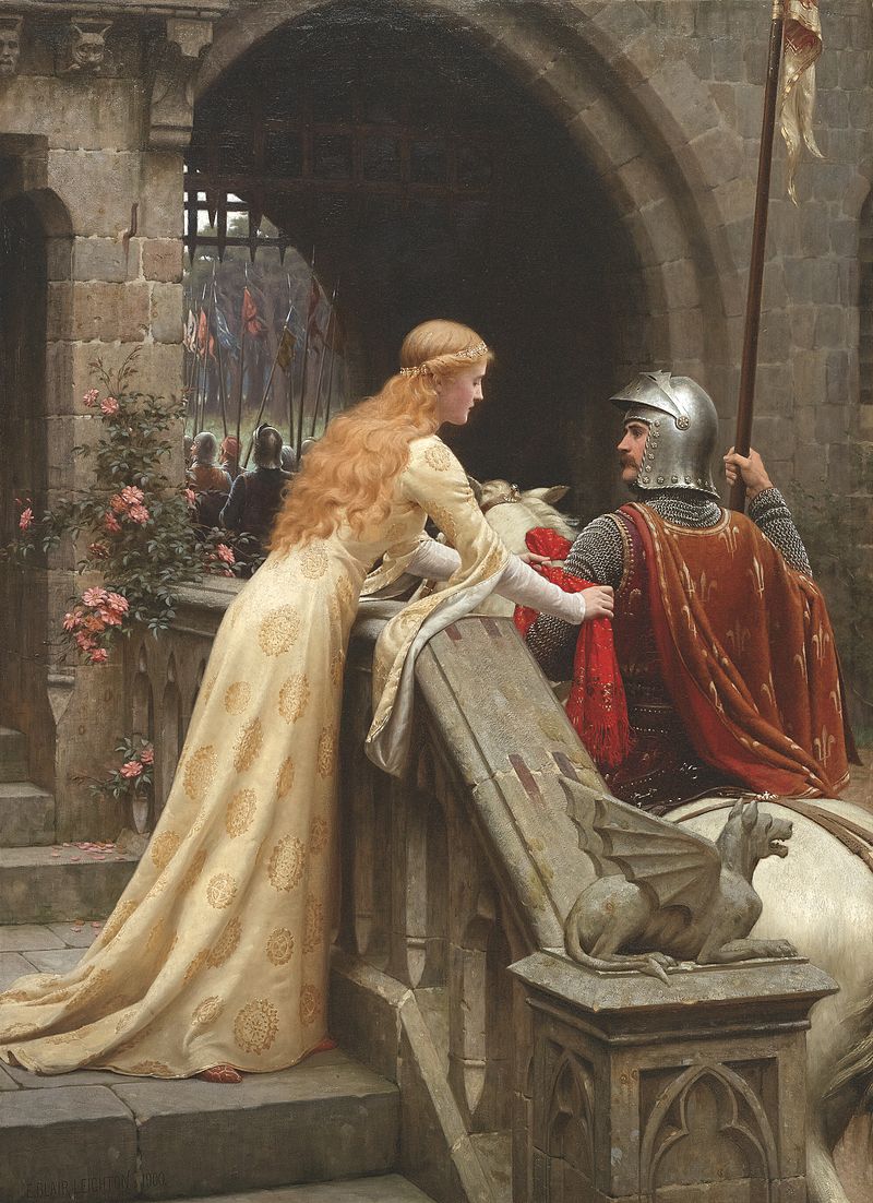 Victorian view of a lady giving a favor to a knight about to do battle